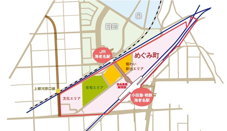 駅間は「めぐみ町（ちょう）」と命名され、再開発の拠点に。（市HPより）