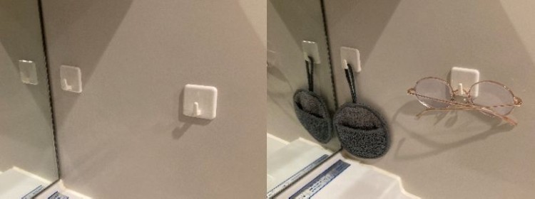 マグネットを設置したところ（写真左）、ちょいクリンとめがねをかけたところ（写真右）