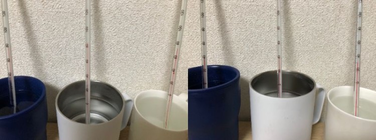 85℃のお湯をそれぞれに230mlほど注ぐ（写真左）。1時間後に温度の変化をチェック（写真右）