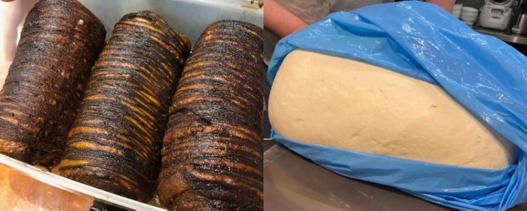特別に見せてもらったチャーシュー（左）。厳選した小麦粉と水、カン水、少量の塩で練り上げた体に優しい麺（右）