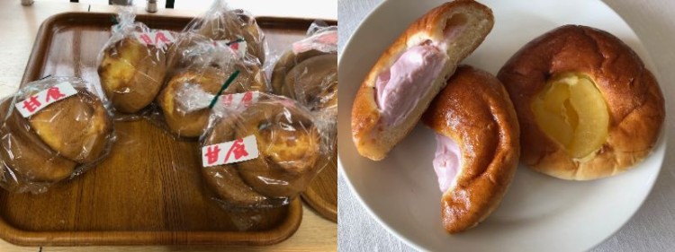 一番古くからあるのが甘食（左）。イチゴクリームチーズ（170円）とアップルクリーム（170円）（左）