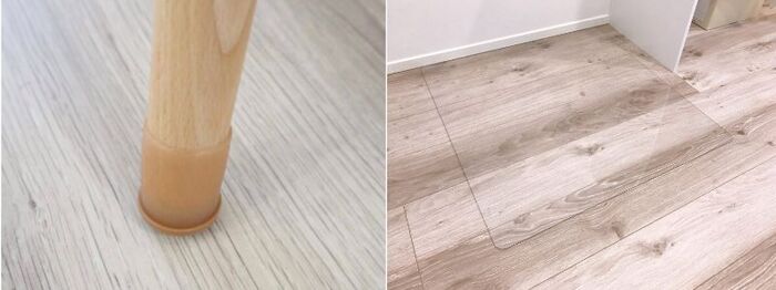 レックの「脚ピタキャップ」（左）と、「冷蔵庫キズ防止マット」（右）は必須アイテム