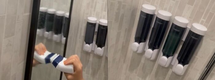 鏡に曇り止めを塗ることで掃除を効率よく（左）。シャンプー類はすべて浮かせています（右）