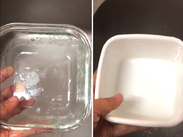 ▲お湯で流した直後の容器です。流すだけで表面の汚れがサッと落ちました。