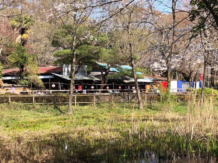 池ごしにのぞむ休憩所の豊島屋