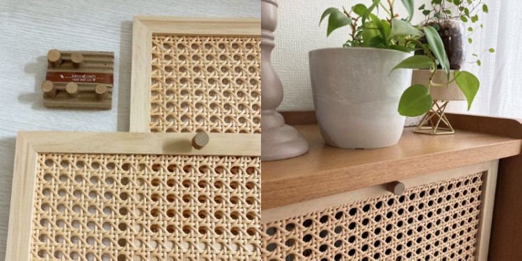 使用したのは、3COINSのカゴメ編みのトレースクエアとセリアの押しピン