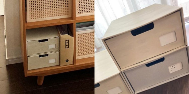 左下の段の引き出しはアクリル絵の具でペイント（左）。下の引き出しがもともとの色。上にのせた引き出しがペイント後（右）