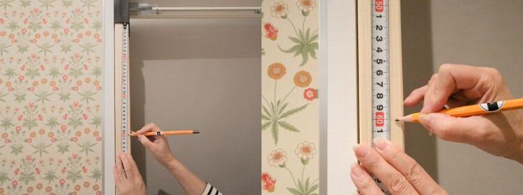 棚板を設置する位置に鉛筆で印付け。上キャップから30cmずつのところに取り付ける予定