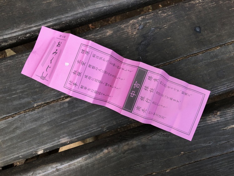 おみくじ（100円）を開けてみると、「中吉」の文字が