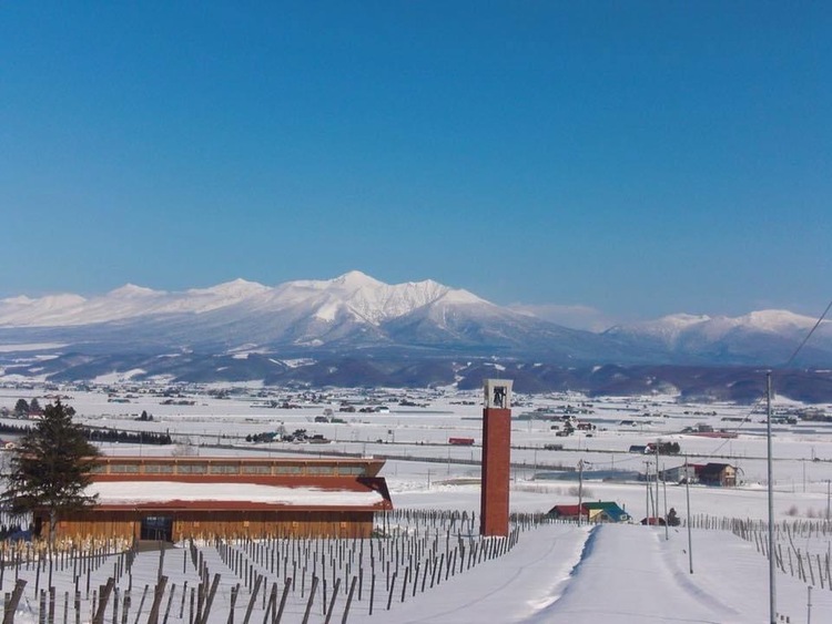 冬の清水山。手前には、ブドウ畑の中に建ち眺望が見事な「カンパーナ六花亭」が