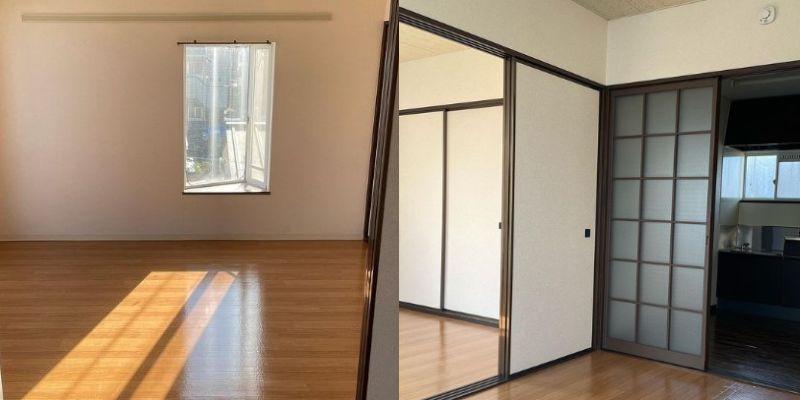 引っ越してきた当初の部屋。フローリングの床にはフロアタイルを敷いて白い空間にプチリフォーム