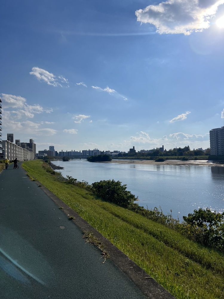 住んでいる近くの河川敷。春には桜並木も
