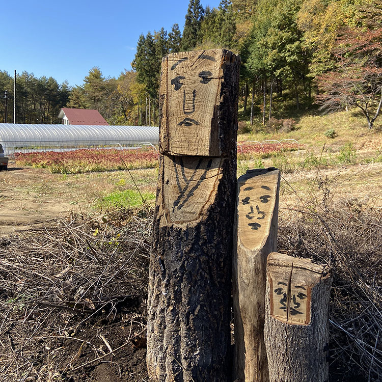 畑に建つ道祖神は、2023年の中之条ビエンナーレに出展したアーティストから譲り受けたもの