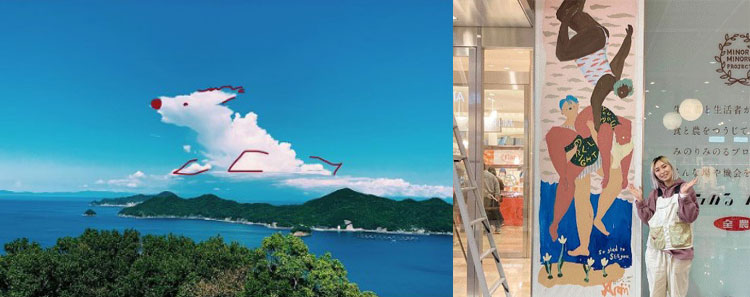 インスタグラムでは、こんなふうにイラストをほどこした写真を投稿することも（写真左）、JR大分駅直結の複合商業施設「アミュプラザおおいた」の柱に、絵を描くという仕事（写真右）
