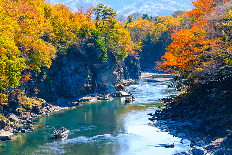 秋の長瀞渓谷。岩畳のなかを進むライン下りは観光客から人気が高い