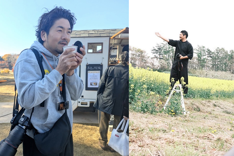 （写真左）小諸でのイベント撮影中の一コマ、（写真右）地元・小諸で、地域の人をポートレート撮影しているシーン