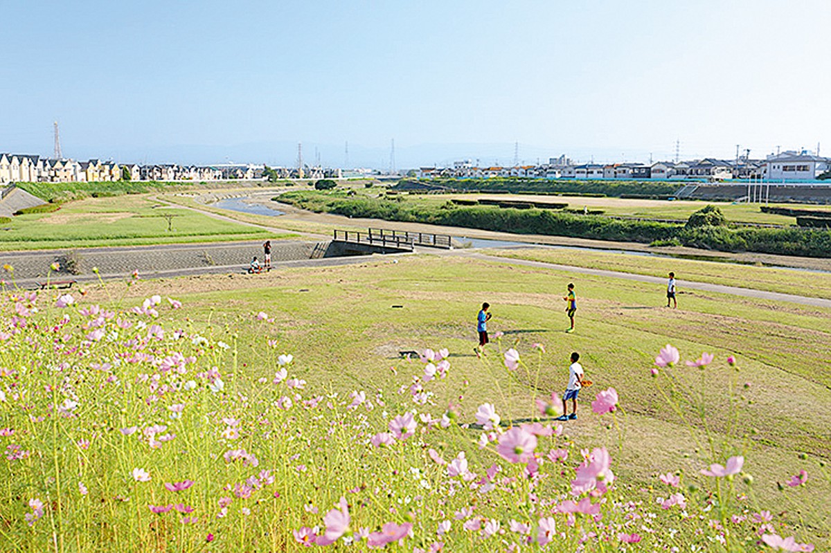 写真提供：泉大津市
泉大津の海につながる大津川の河川敷に整備された「大津川緑地」。自然を感じられ、ウォーキングやランニング、子どもの遊び場として、地元の人に人気
